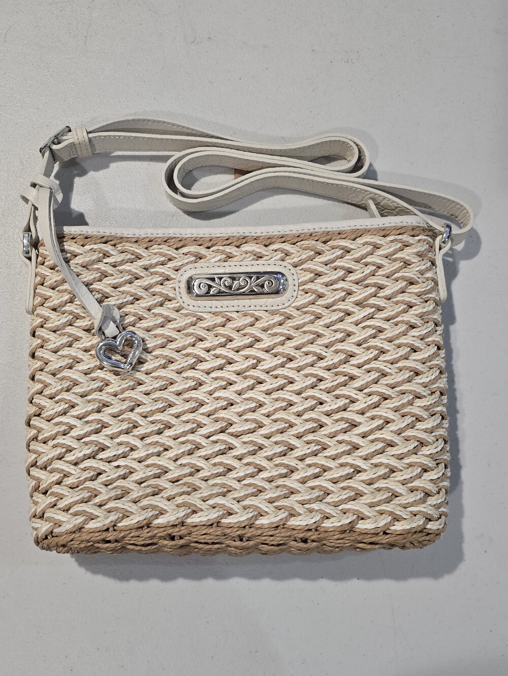 Brighton Woven Straw Crossbody Bag White Tan Leather Heart Charm